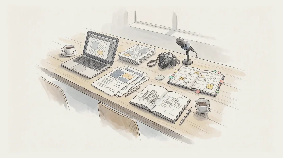 A pen-and-ink drawing of a long worktable laid out with a magazine team's tools: proofs, a layout on a laptop, a sketchbook, a camera and a microphone.